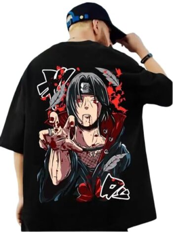 Anime Graphic T-Shirts Collection, Oversized Black Cotton, Japanese Manga Print, Short Sleeve