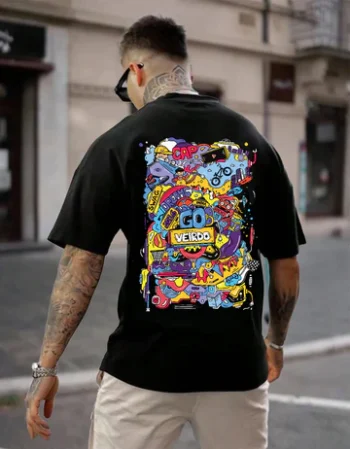 Doodle Black Oversized Back Graphic Printed T-shirt